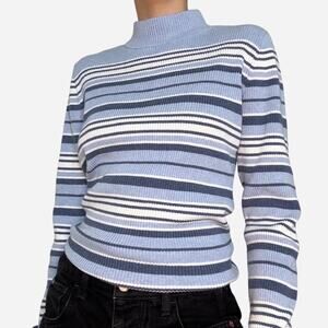 Blue white striped ribbed turtleneck Karen Scott size medium